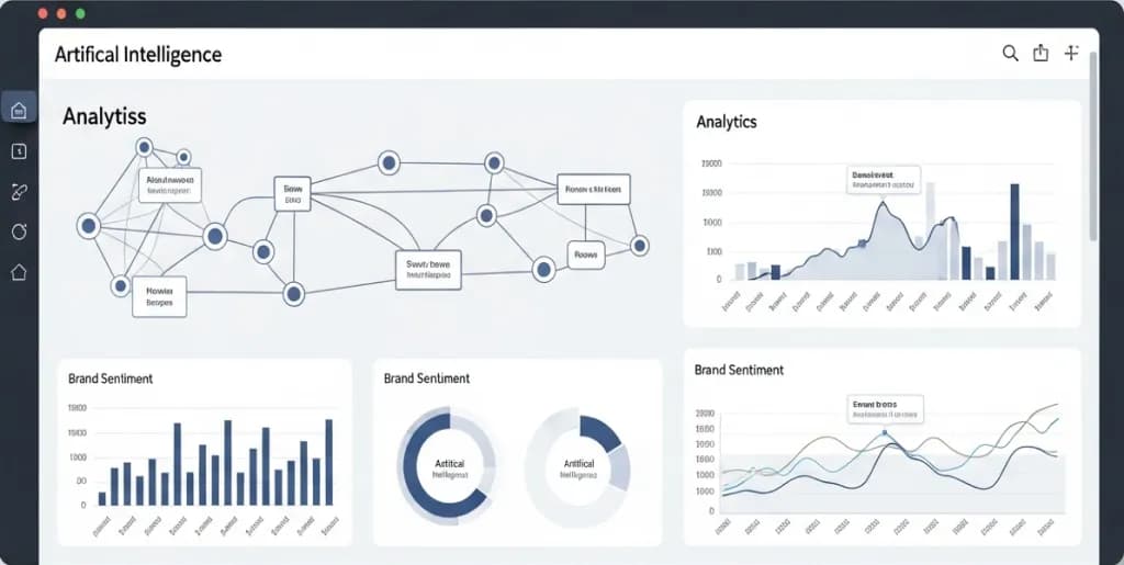 Modern analytics dashboard displaying artificial intelligence network nodes and brand sentiment data charts