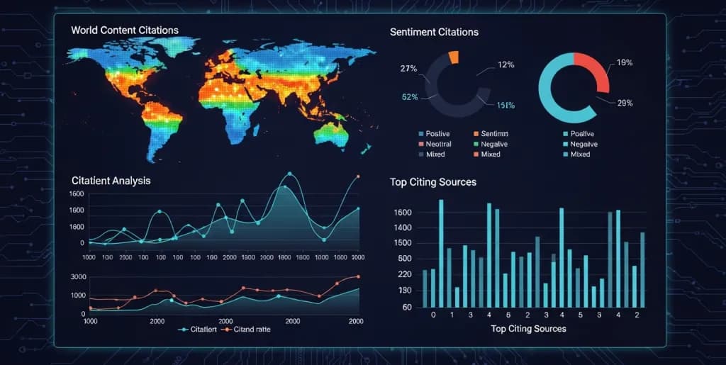 A digital dashboard showing global citation trends, geographic impact, sentiment analysis, and top sources.
