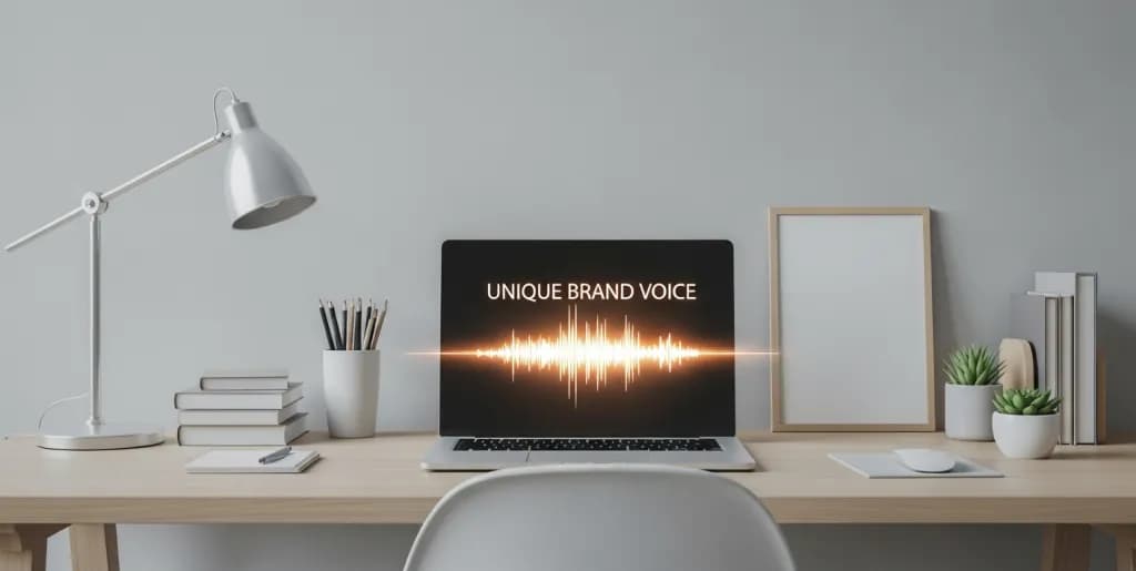 A minimalist modern workspace featuring a laptop with a glowing digital waveform on the screen