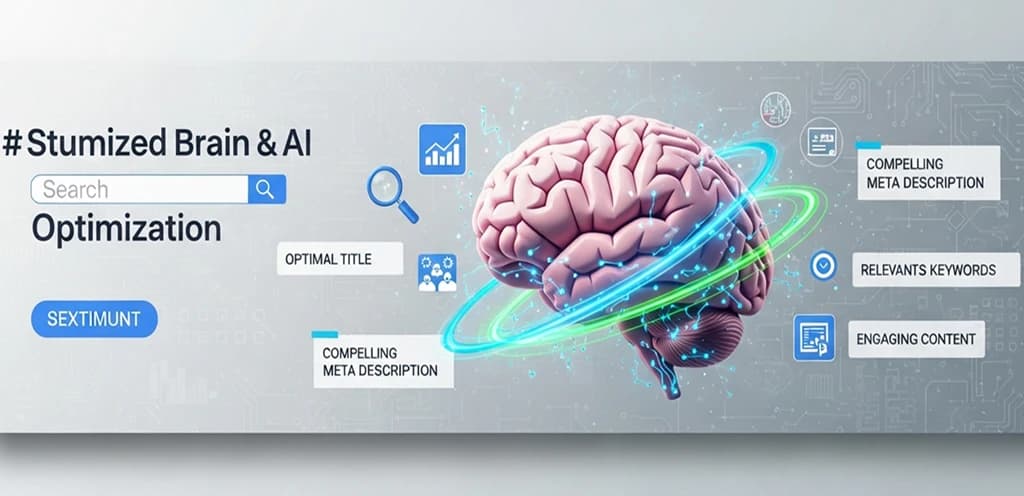 AI brain optimizing web content with search icons and text snippets, symbolizing SEO