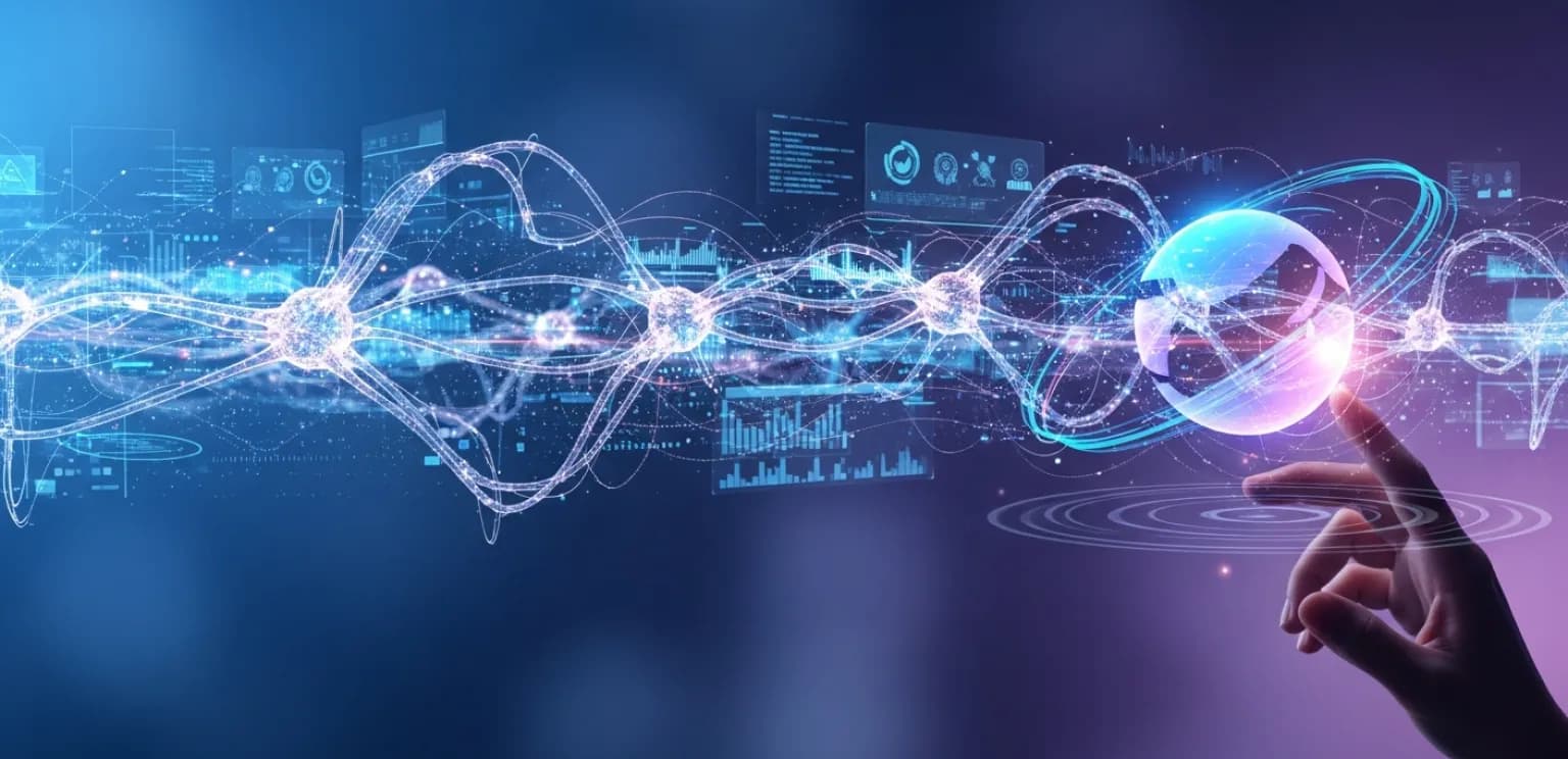 Abstract depiction of AI search trends, showing neural networks and a hand interacting with digital data