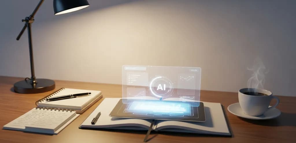 A writer's desk with AI tools subtly integrated, emphasizing thoughtful, high-quality creative work