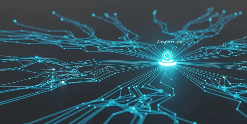 Abstract digital knowledge graph with glowing nodes representing answer engine data extraction