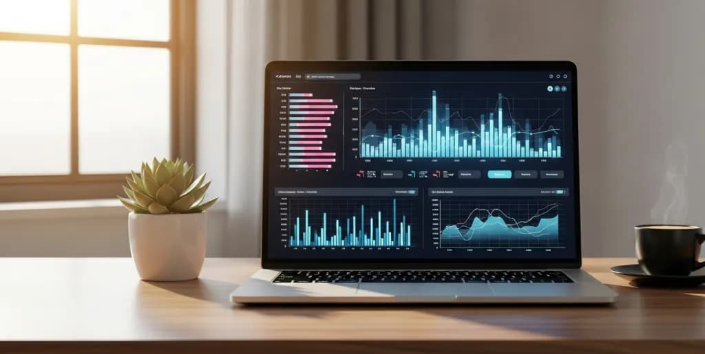Modern laptop displaying an automated data dashboard on a minimalist wooden desk