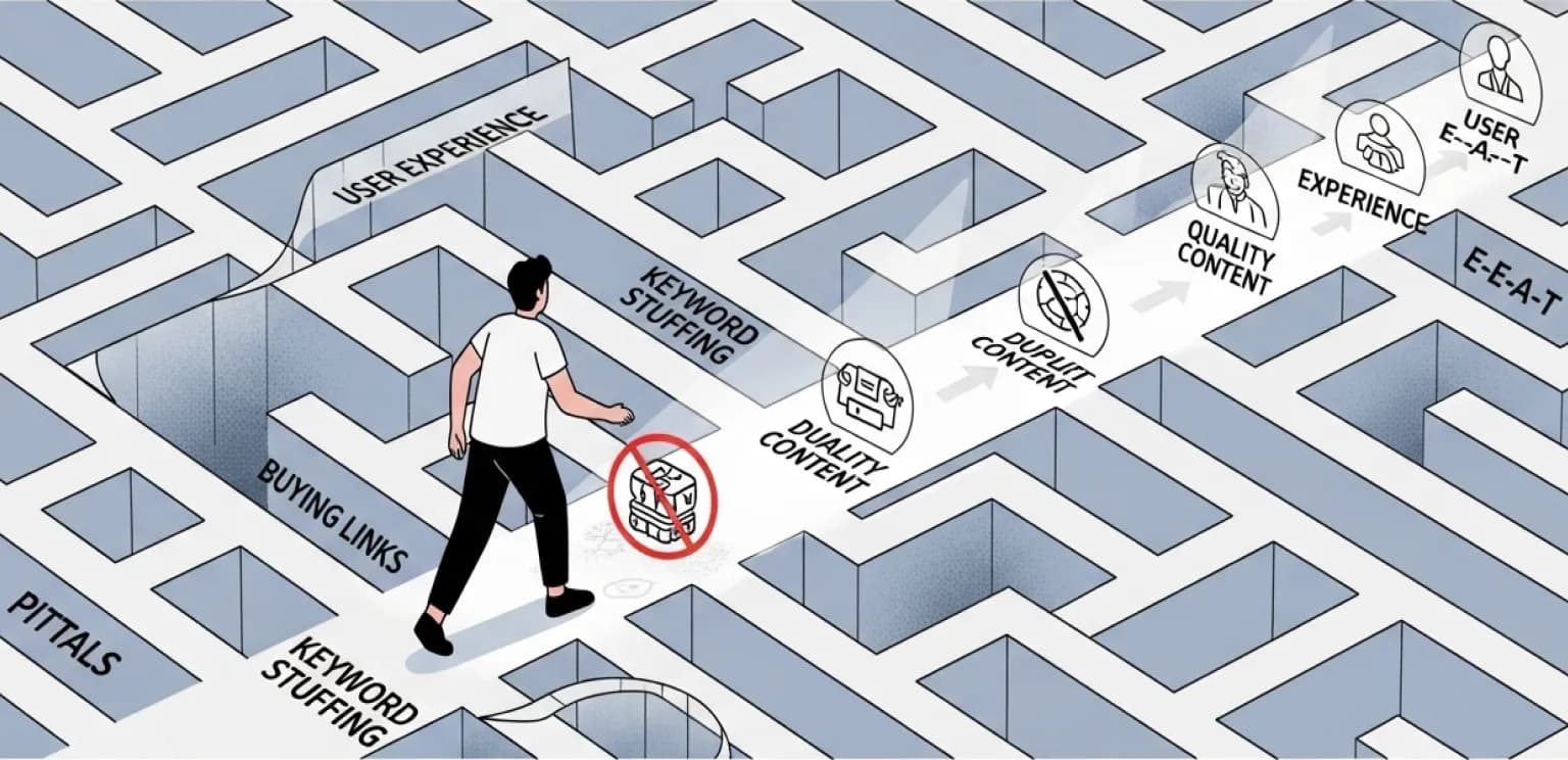 Person confidently avoiding common SEO pitfalls while moving towards a path of good online practices