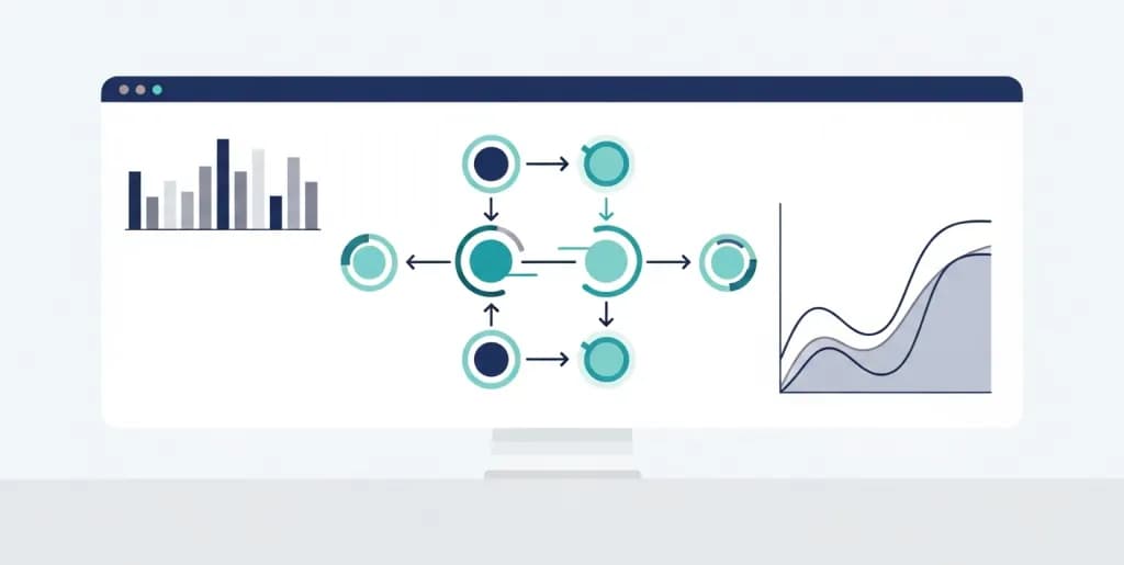 Digital dashboard illustration showing user journey mapping and analytics charts