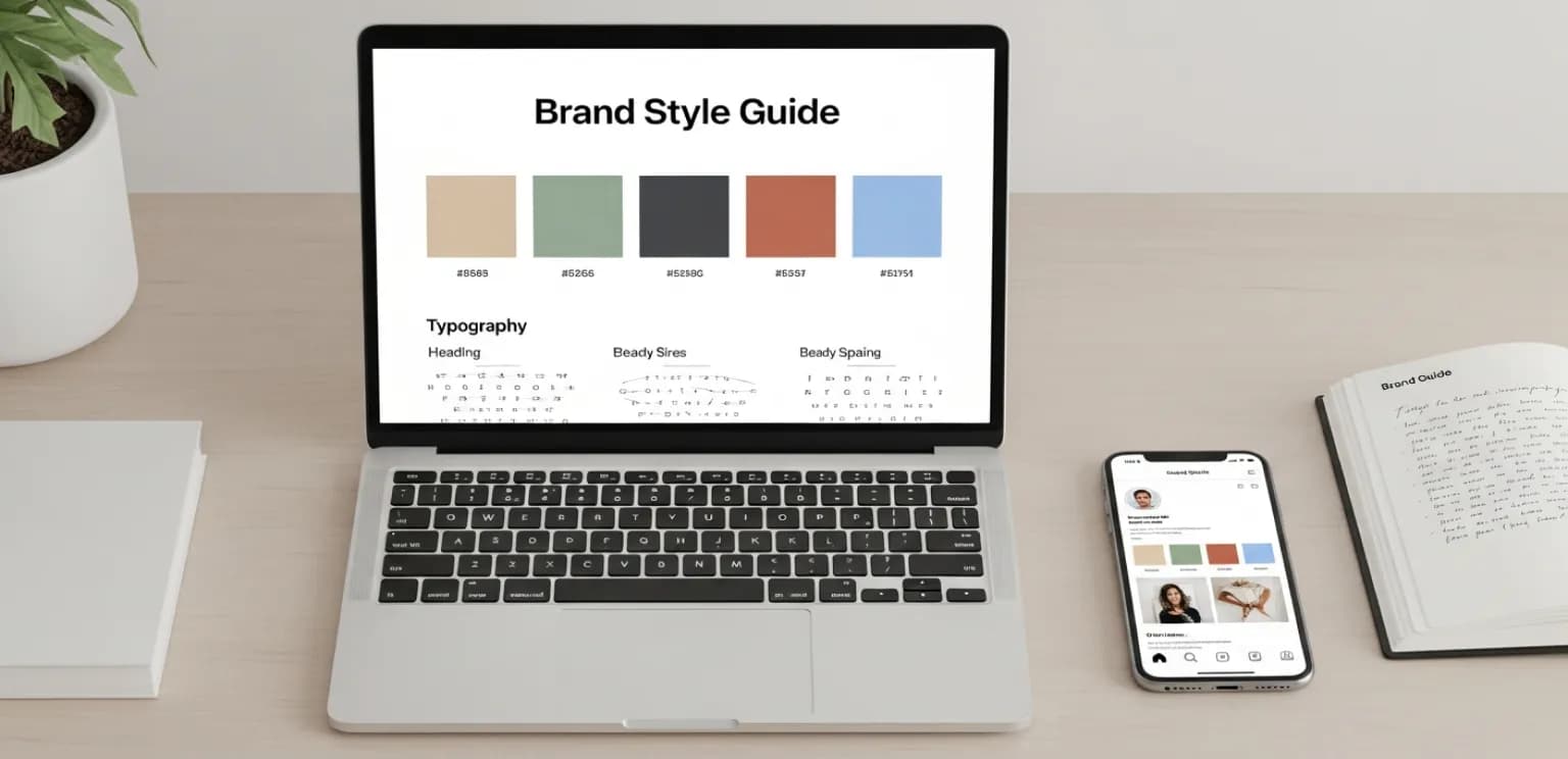 Digital brand style guide displayed across laptop and mobile devices showing visual consistency