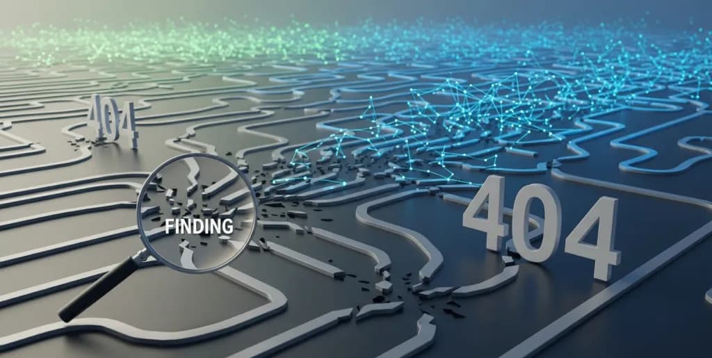 Digital landscape showing broken lines leading to a 404 error, with a magnifying glass finding issues and reconnected lines in the background