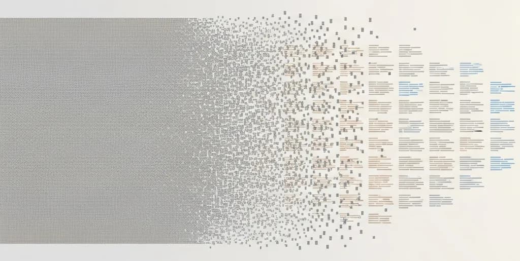 A large text block fragmenting into smaller, organized pieces, symbolizing content chunking for readability