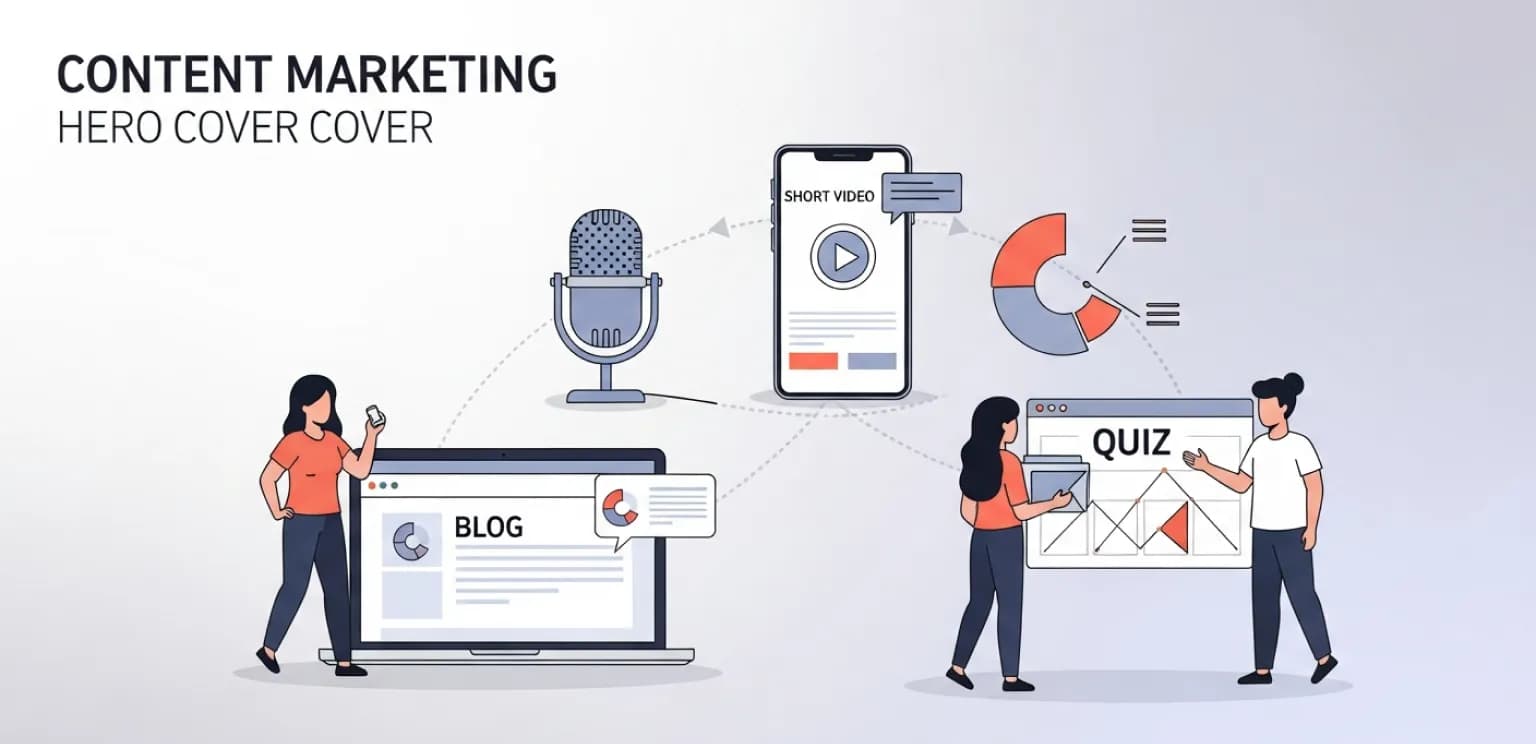 Diverse content marketing types converging, including video, audio, data, and interactive elements