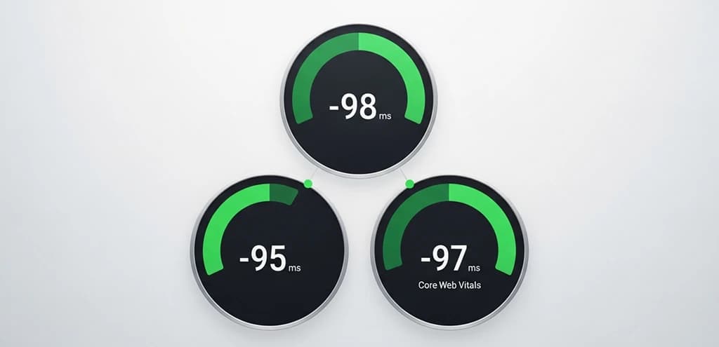 Digital dashboard with three high-performing Core Web Vitals metrics displayed in a modern interface