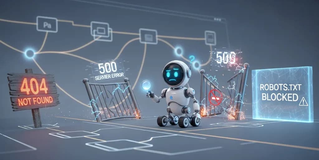 A search engine robot facing digital roadblocks like 404, 500, and robots.txt barriers on a website