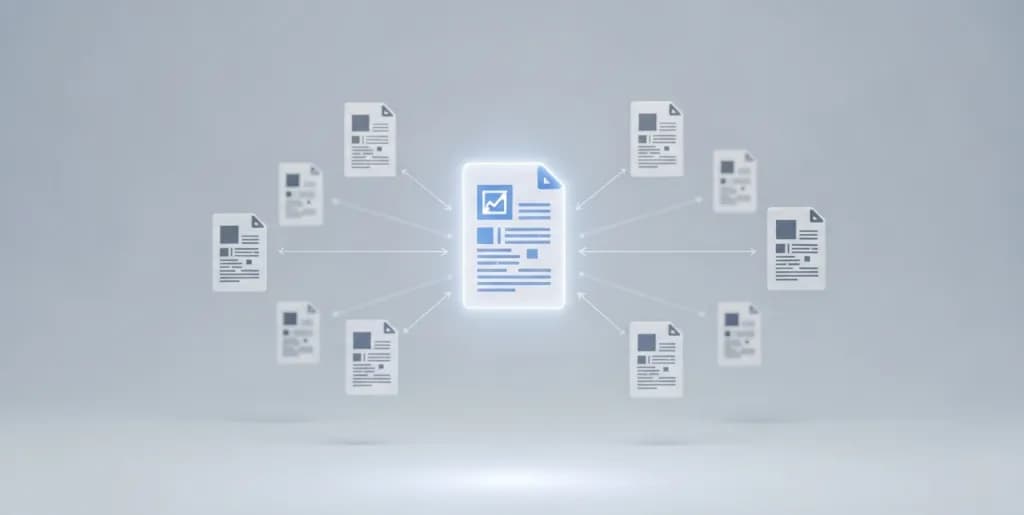 Multiple identical web pages converging towards a single, authoritative master document, illustrating content consolidation