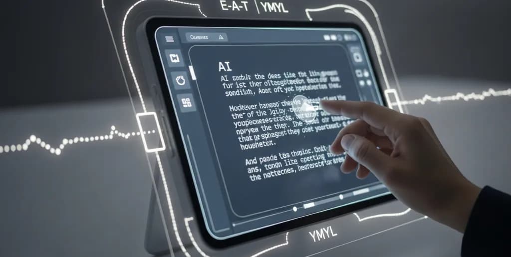 Human hand reviewing AI-generated content on a screen, symbolizing quality control for E-E-A-T and YMYL standards