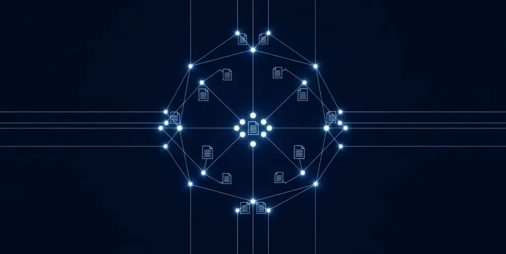 Abstract neural network nodes processing structured data on a dark background