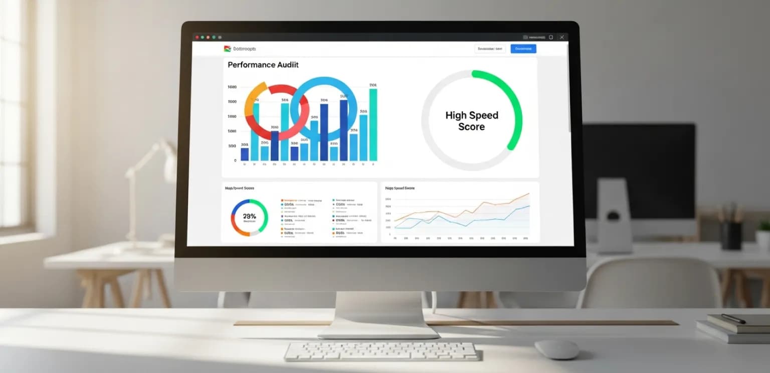 Computer monitor showing website speed audit results and performance metrics in a modern office