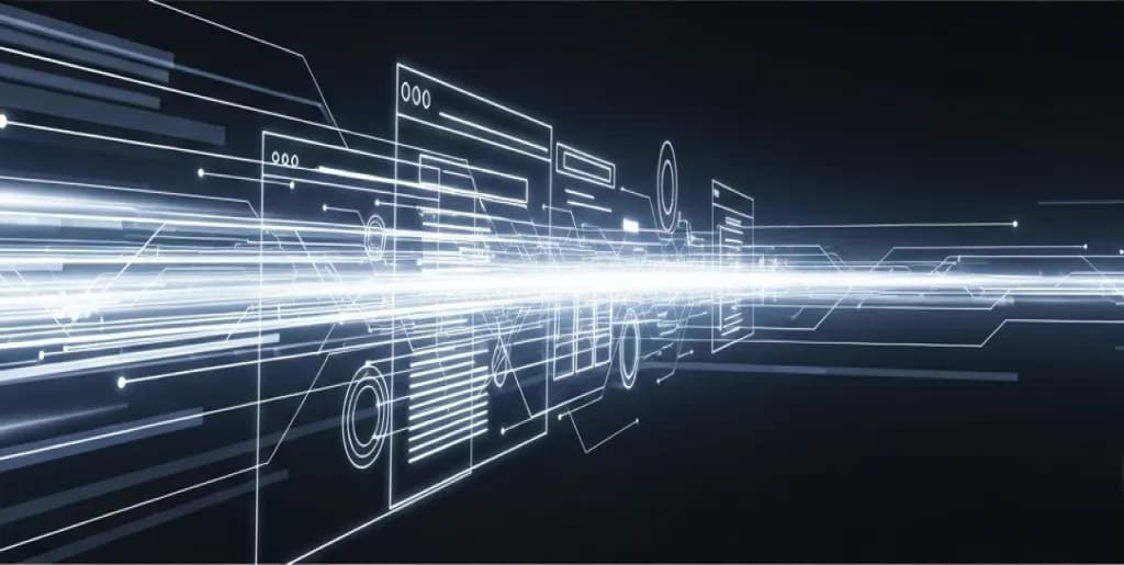 Abstract digital illustration showing web page elements quickly rendering on a screen, symbolizing fast First Contentful Paint