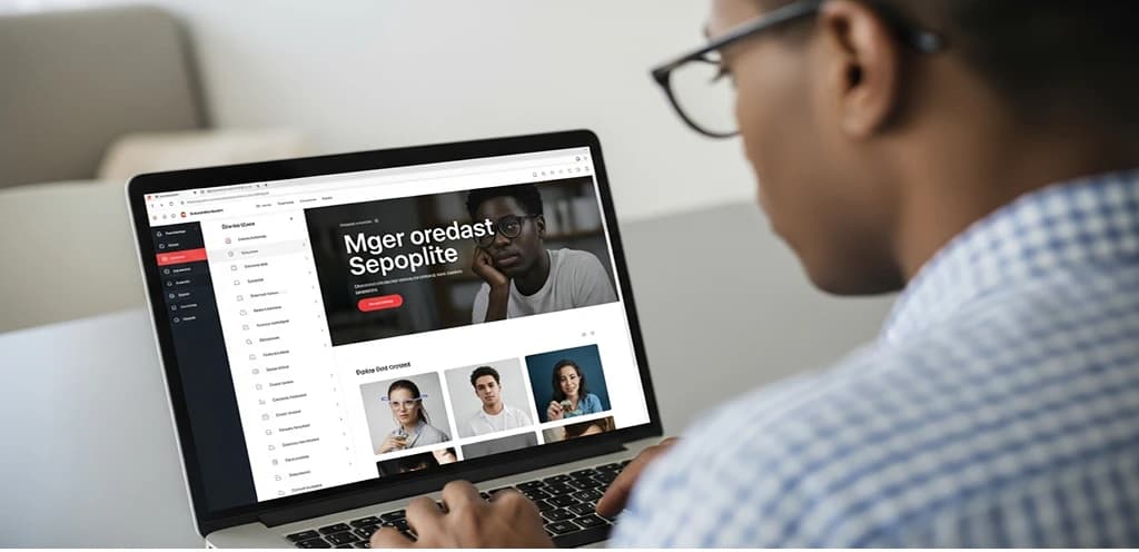 Person viewing a website on a laptop, where text and buttons have high color contrast