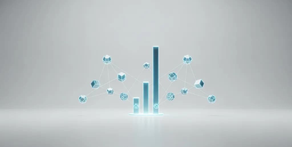 Abstract digital nodes connecting to a rising bar chart representing a score