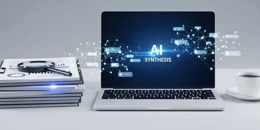Laptop displaying AI network nodes next to structured documents and magnifying glass