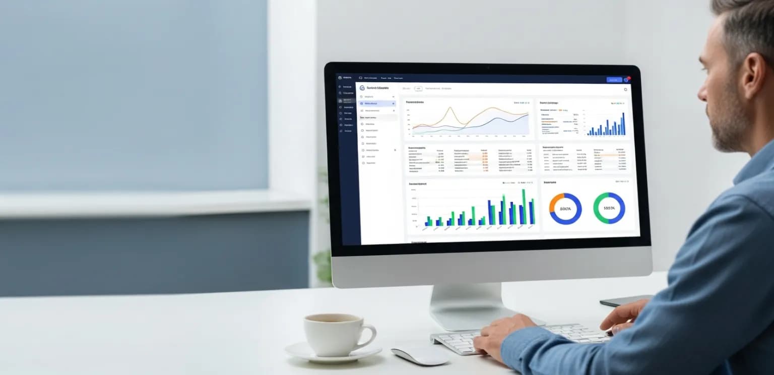 Person viewing website performance data on a computer, analyzing search console insights