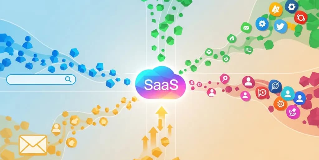 Abstract illustration showing a central SaaS icon attracting diverse customer leads from various digital channels