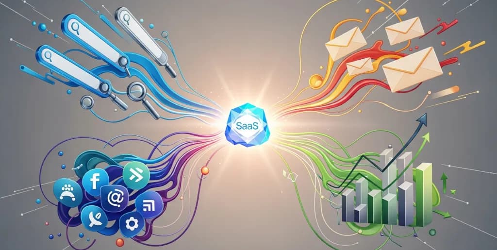 Abstract illustration of digital marketing channels uniting around a central SaaS product icon for growth