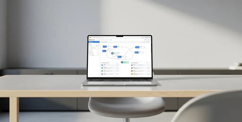 A minimalist workspace with a laptop displaying a data dashboard representing AI citation connections and digital metrics.