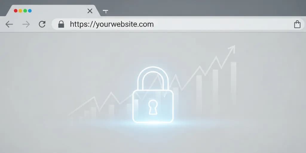 A glowing digital padlock icon on a browser interface, symbolizing a secure HTTPS website and SEO benefits