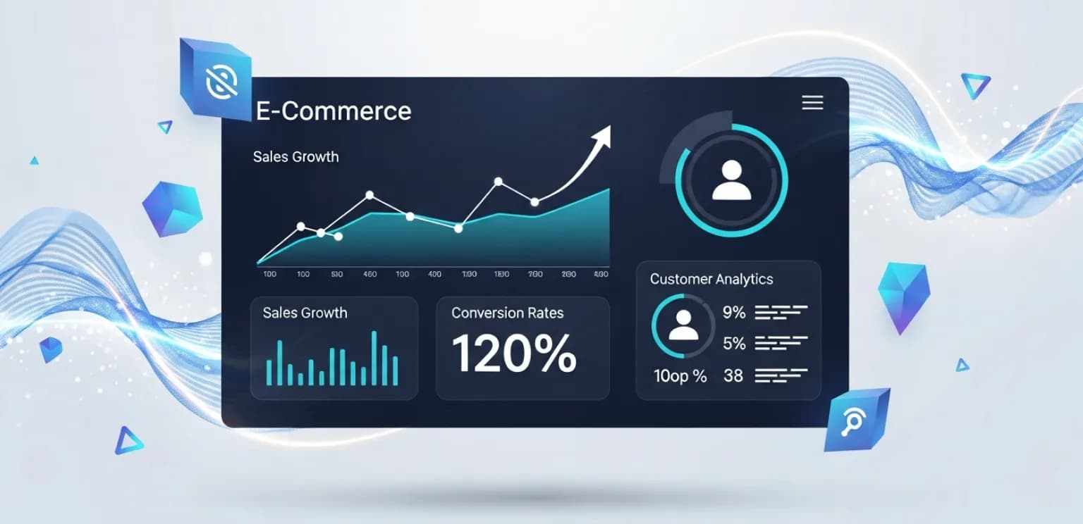 Digital illustration of an e-commerce dashboard showing key performance indicators for online sales growth