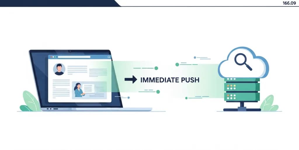 Digital content flowing rapidly from a laptop to a search engine server, symbolizing instant indexing.