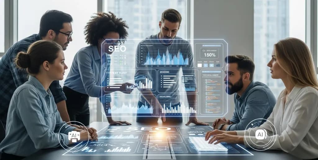 A diverse team collaborating with AI tools on a holographic SEO content dashboard.