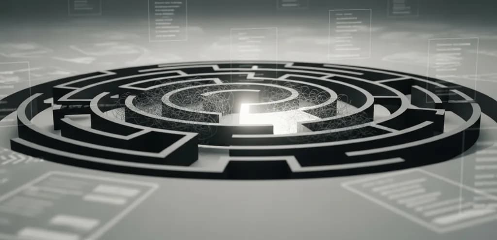 Digital maze with multiple dim paths converging, one path brightly lit, symbolizing keyword cannibalization