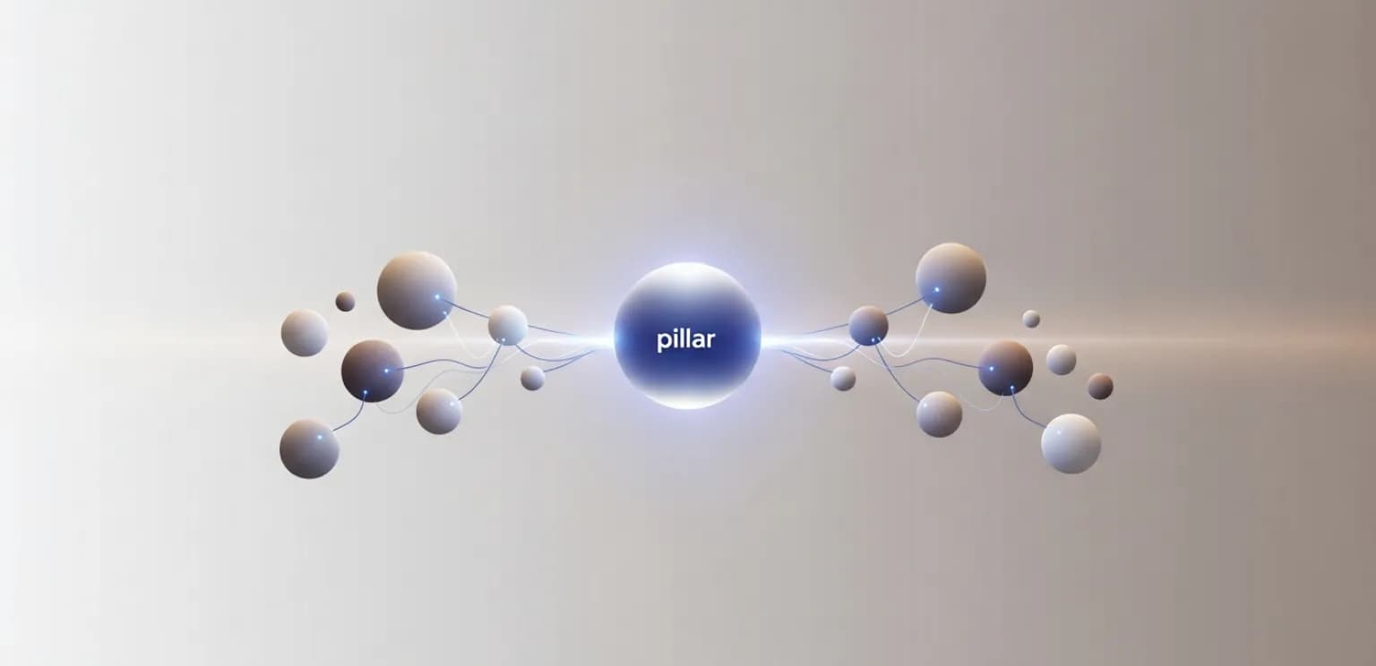 Abstract illustration showing interconnected digital nodes, representing keyword clusters linked to a central pillar