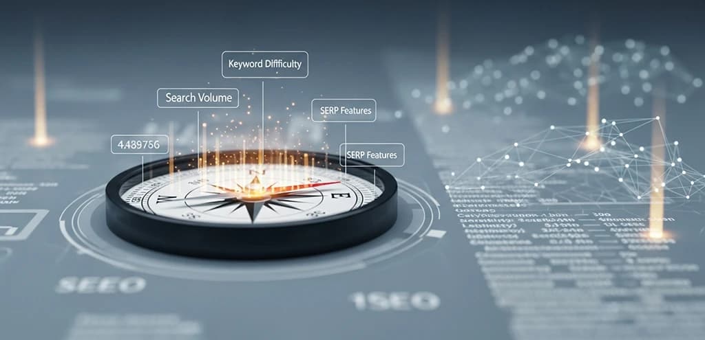 A digital compass pointing to 'low difficulty' on a background of abstract SEO data, symbolizing strategic keyword selection