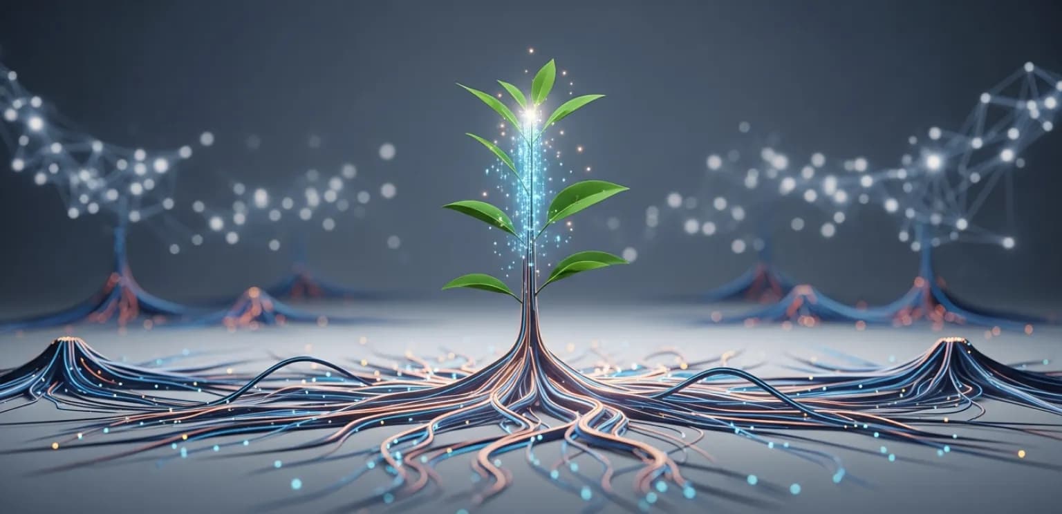 Digital garden with glowing data streams, symbolizing information seeding into AI knowledge bases