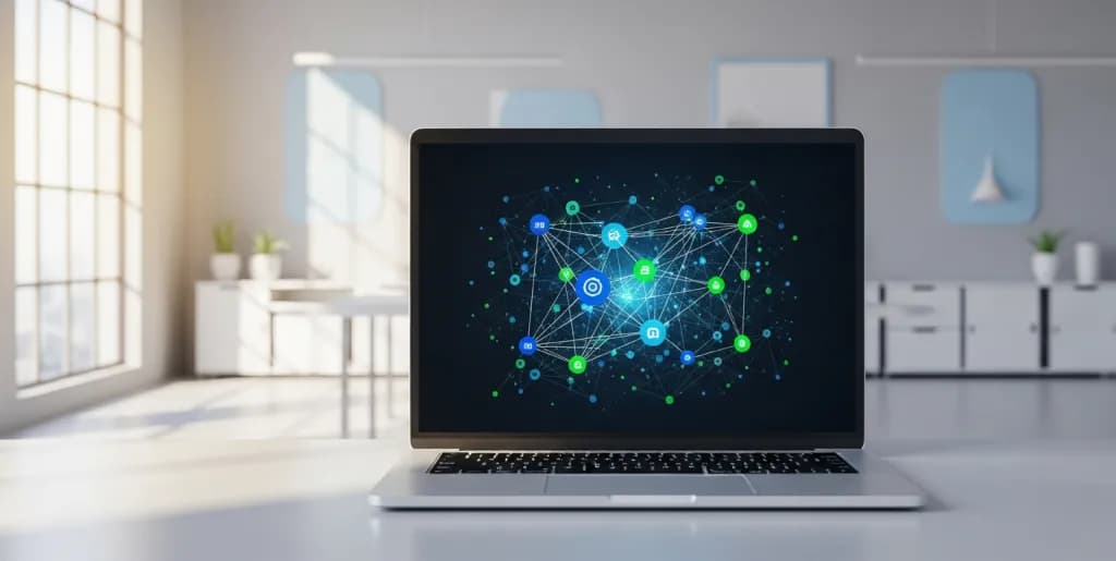 A modern laptop displaying a conceptual diagram of digital marketing strategies on a clean office desk