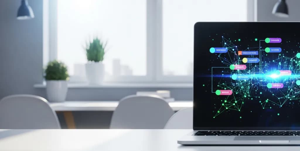 A professional laptop screen showing a glowing digital knowledge graph representing advanced LLM SEO optimization technology