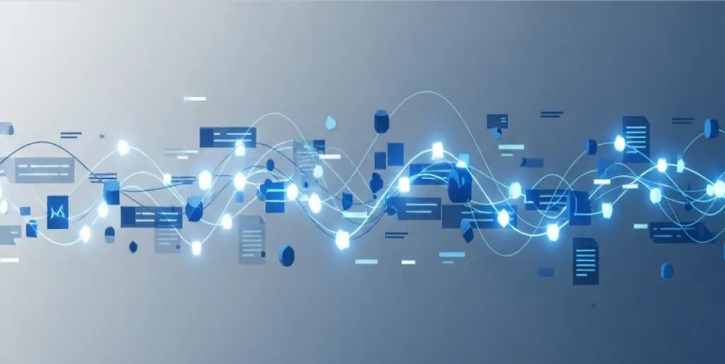 Abstract digital knowledge graph connecting data nodes and text documents in blue and silver