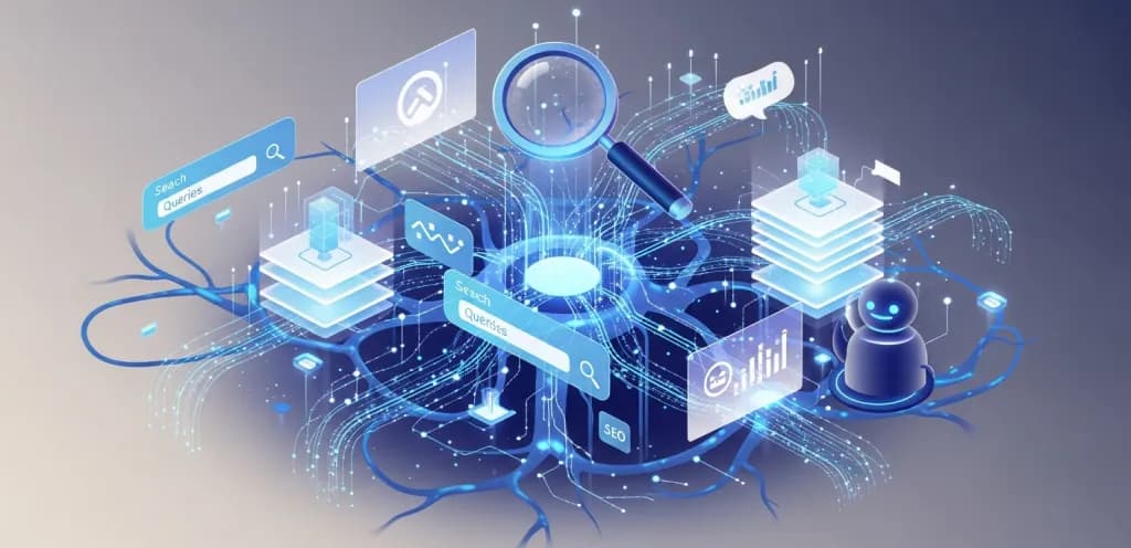Abstract digital landscape showing AI and SEO elements, representing advanced LLM SEO tools