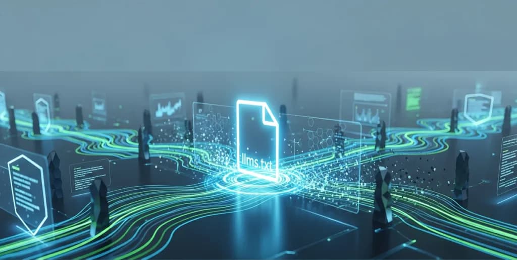 Digital gatekeeper icon representing llms.txt file, controlling data flow to large language models.