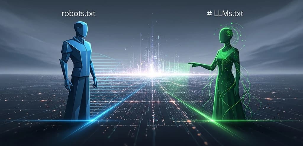 Conceptual image of two digital gatekeepers, robots txt and llms.txt, managing access to data