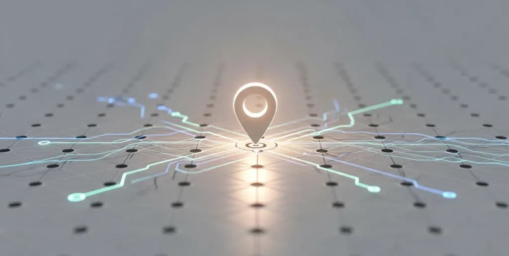Digital map pin connected to glowing data nodes representing local AI search optimization