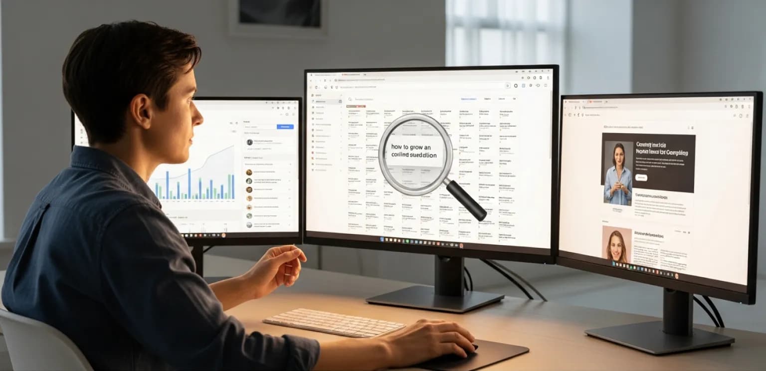 Person analyzing search results and keyword data on multiple screens for content strategy