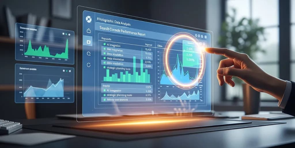 Hand interacting with a holographic Google Search Console interface, highlighting keyword performance data for SEO analysis