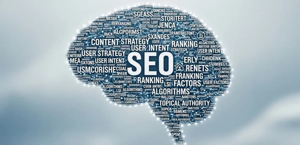 Abstract illustration of a semantic network with interconnected words representing LSI keywords and SEO concepts