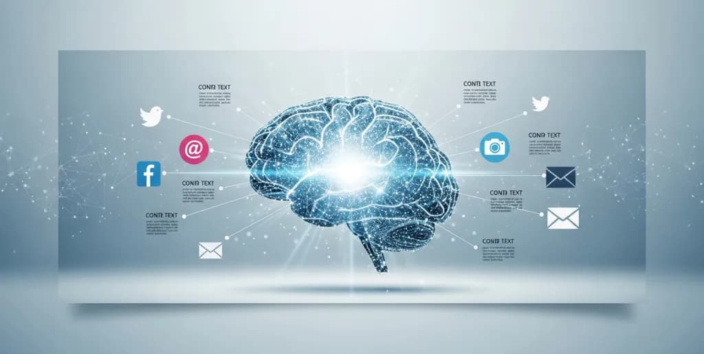 AI brain connecting to various digital content elements, symbolizing brand voice learning and replication.
