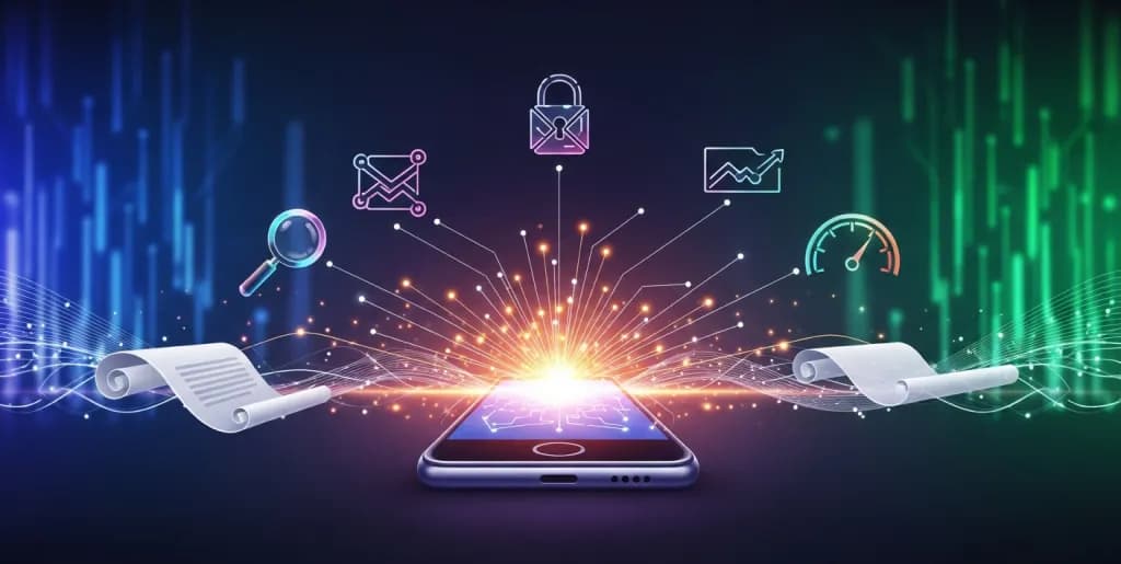 Abstract illustration showing mobile phone screen with radiating lines connecting to SEO symbols