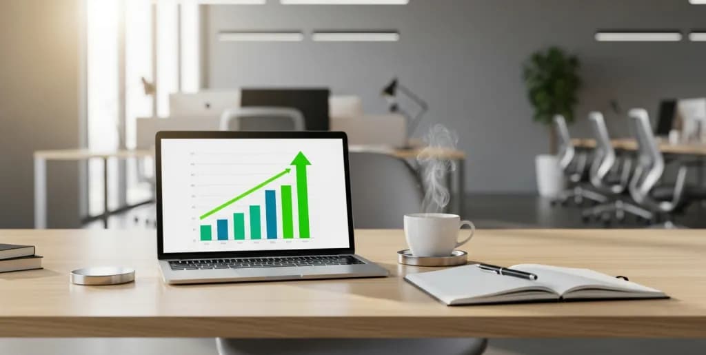A minimalist desk setup with a laptop showing a growth chart and a green arrow, symbolizing successful SEO reporting