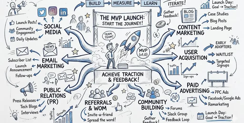 A sketch of a minimum viable product launch with marketing channels branching out
